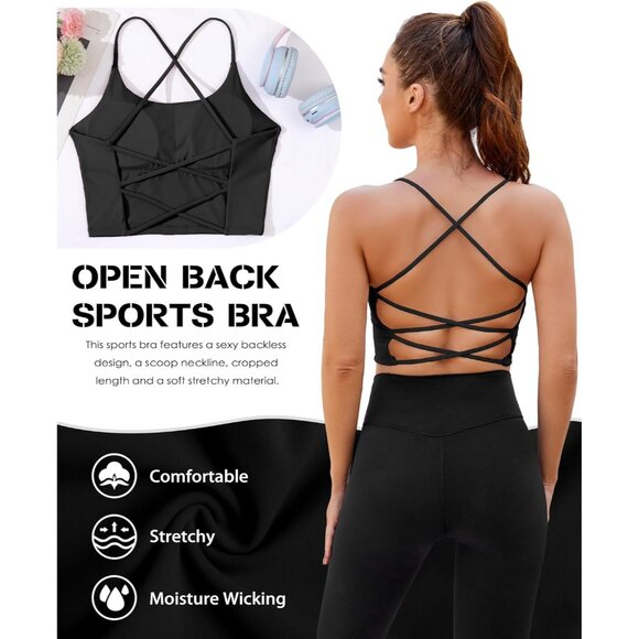 Women’s Black Open Back Sports Bra Longline Padded Crop Yoga Tank - Picture 6 of 8